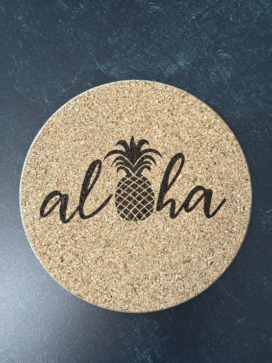 Laser Engraved - Cork Trivet - Aloha Pineapple - 7" Round