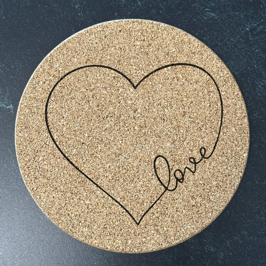 Laser Engraved - Cork Trivet - Love Heart - 7" Round