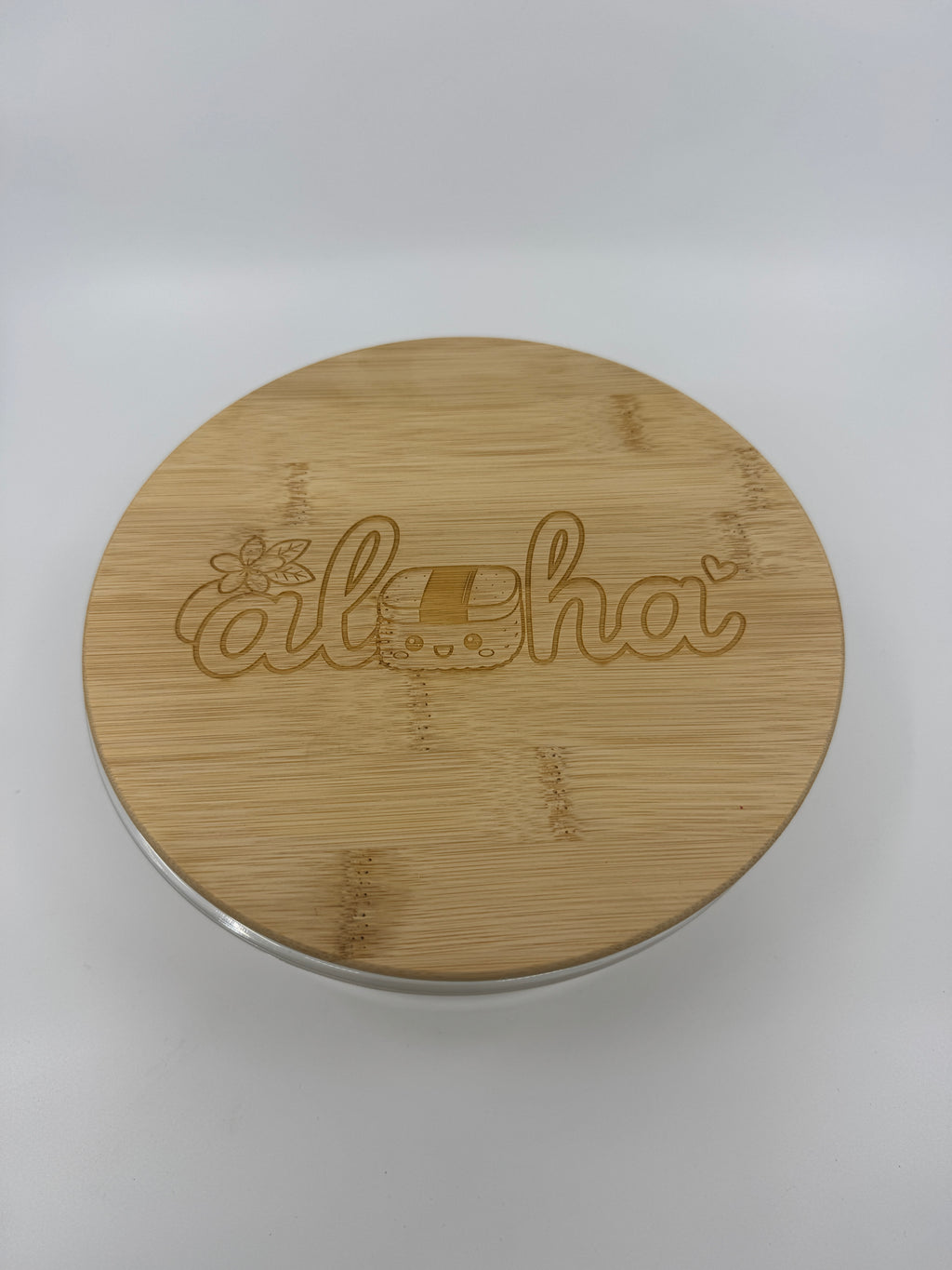 Aloha and Musubi Kawaii | Laser Engraged | Large Round Glass Container w/Bamboo Lid 44oz