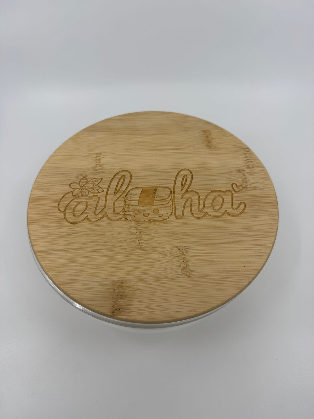 Aloha and Musubi Kawaii | Laser Engraged | Large Round Glass Container w/Bamboo Lid 44oz
