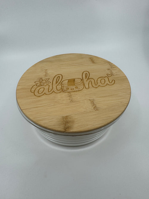 Aloha and Musubi Kawaii | Laser Engraged | Large Round Glass Container w/Bamboo Lid 44oz