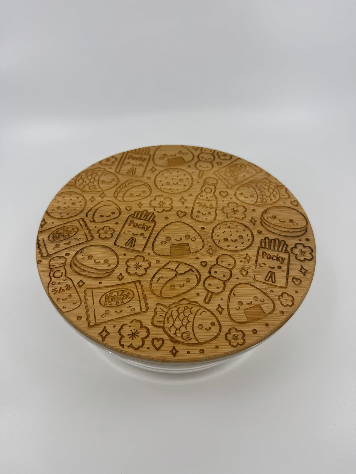 Japanese Snacks Pattern | Laser Engraged | Large Round Glass Container w/Bamboo Lid 44oz