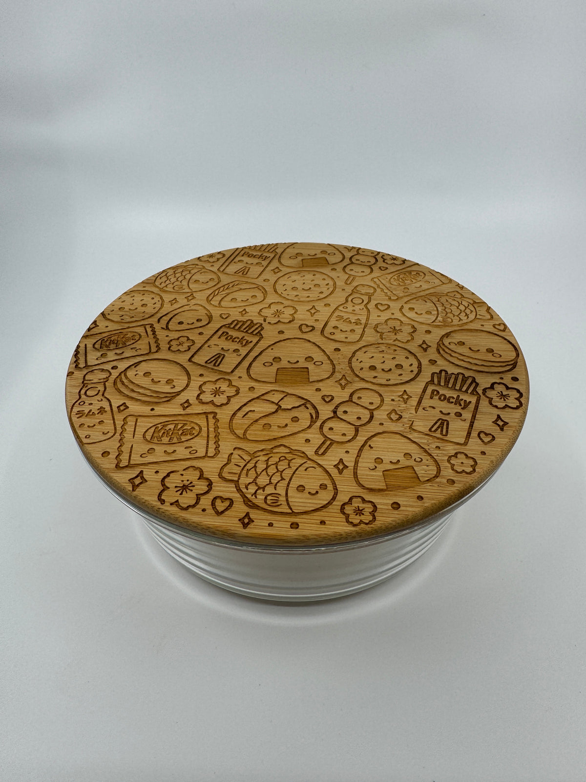 Japanese Snacks Pattern | Laser Engraged | Large Round Glass Container w/Bamboo Lid 44oz