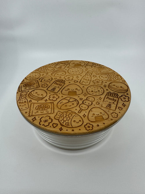 Japanese Snacks Pattern | Laser Engraged | Large Round Glass Container w/Bamboo Lid 44oz