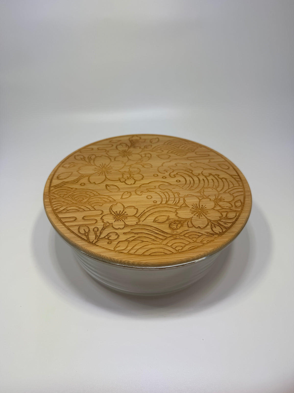 Sakura Flower and Japanese Waves Pattern | Laser Engraged | Large Round Glass Container w/Bamboo Lid 44oz