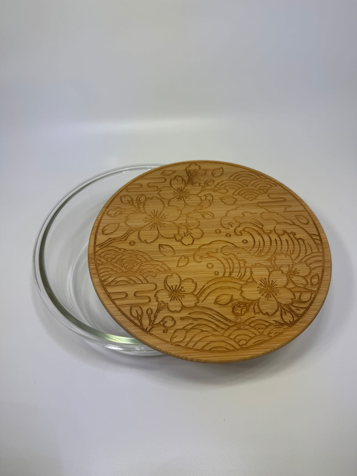 Sakura Flower and Japanese Waves Pattern | Laser Engraged | Large Round Glass Container w/Bamboo Lid 44oz