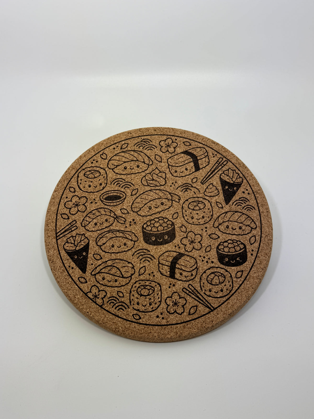 Kawaii Sushi Pattern | Round Cork Trivet | 7" diameter | laser engraved