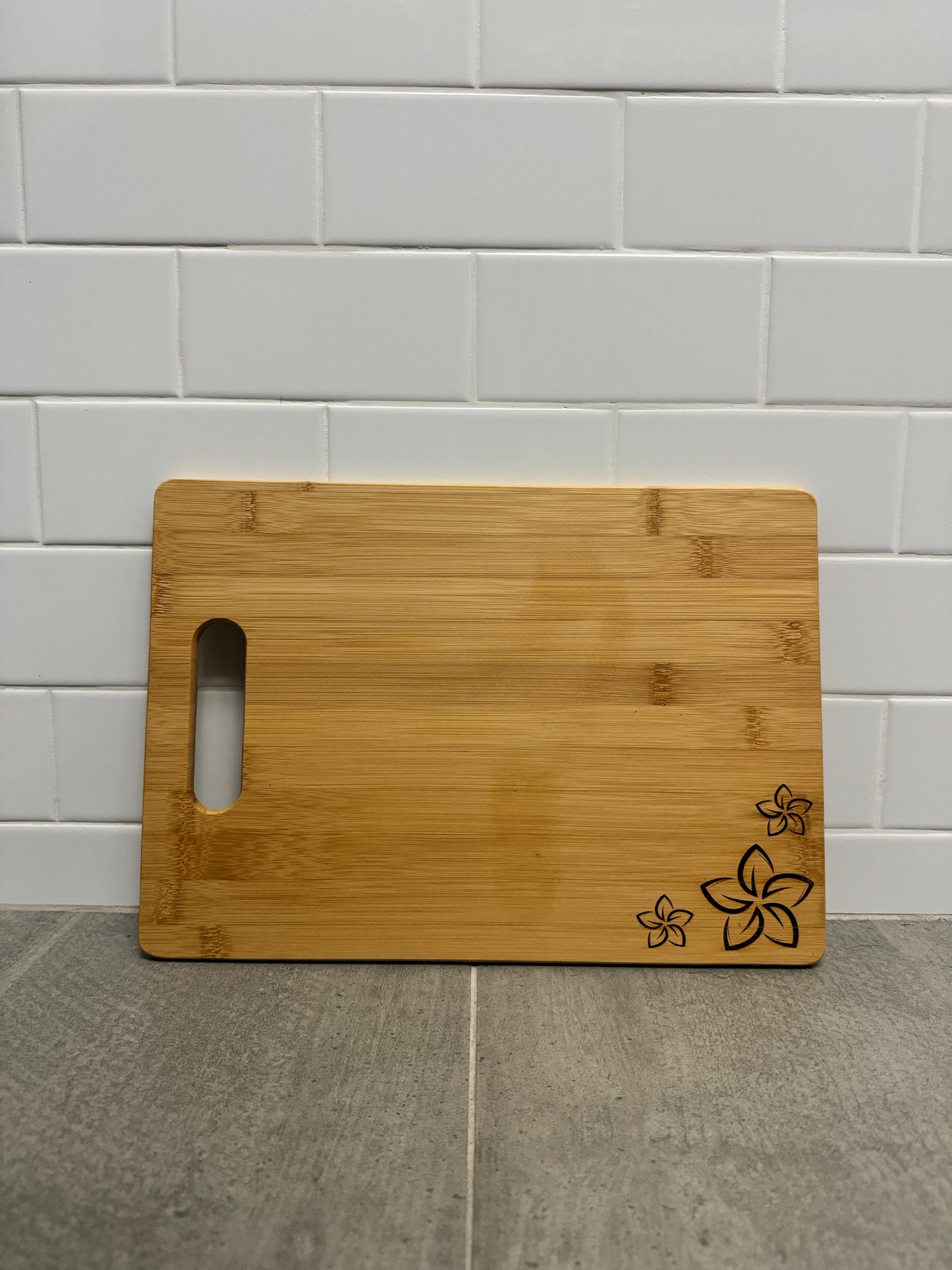 Laser Engraved Bamboo Cutting Board with Handle || Plumerias || 10x13"