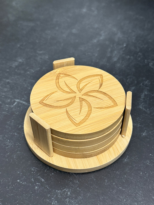 Set of 4 Bamboo Coaster Set | Plumeria | Laser Engraved, round, 3.75" diameter