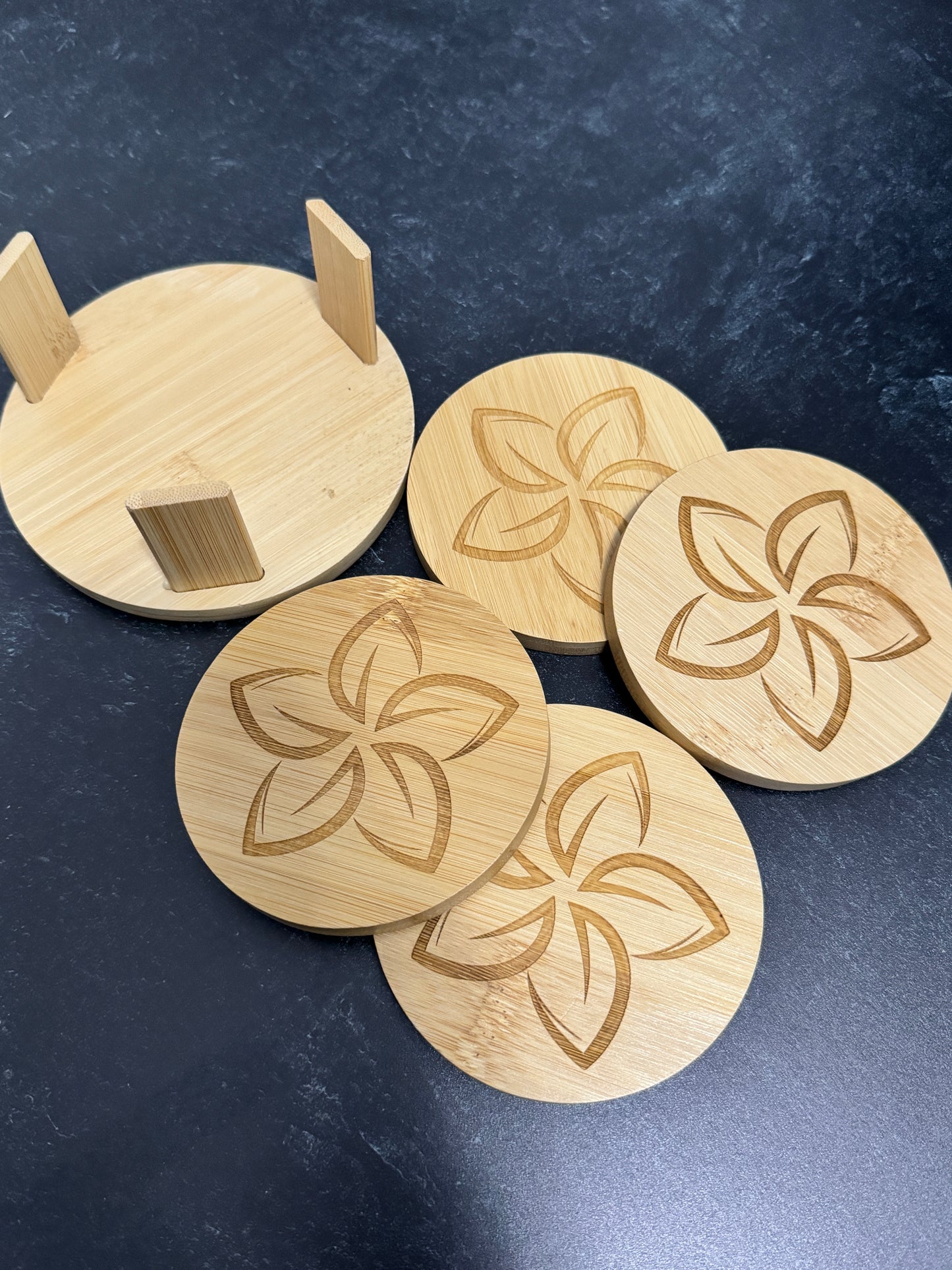 Set of 4 Bamboo Coaster Set | Plumeria | Laser Engraved, round, 3.75" diameter