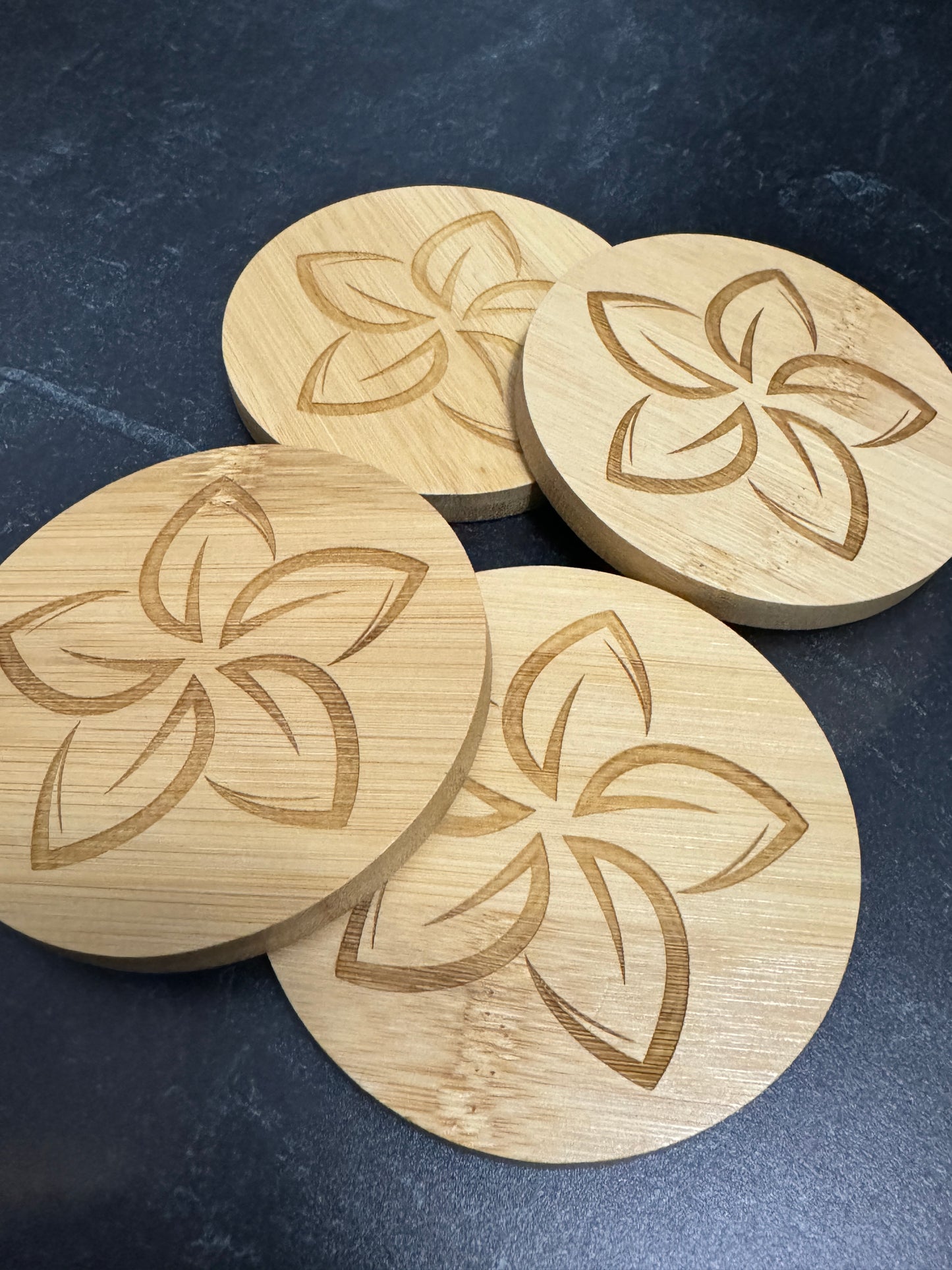 Set of 4 Bamboo Coaster Set | Plumeria | Laser Engraved, round, 3.75" diameter