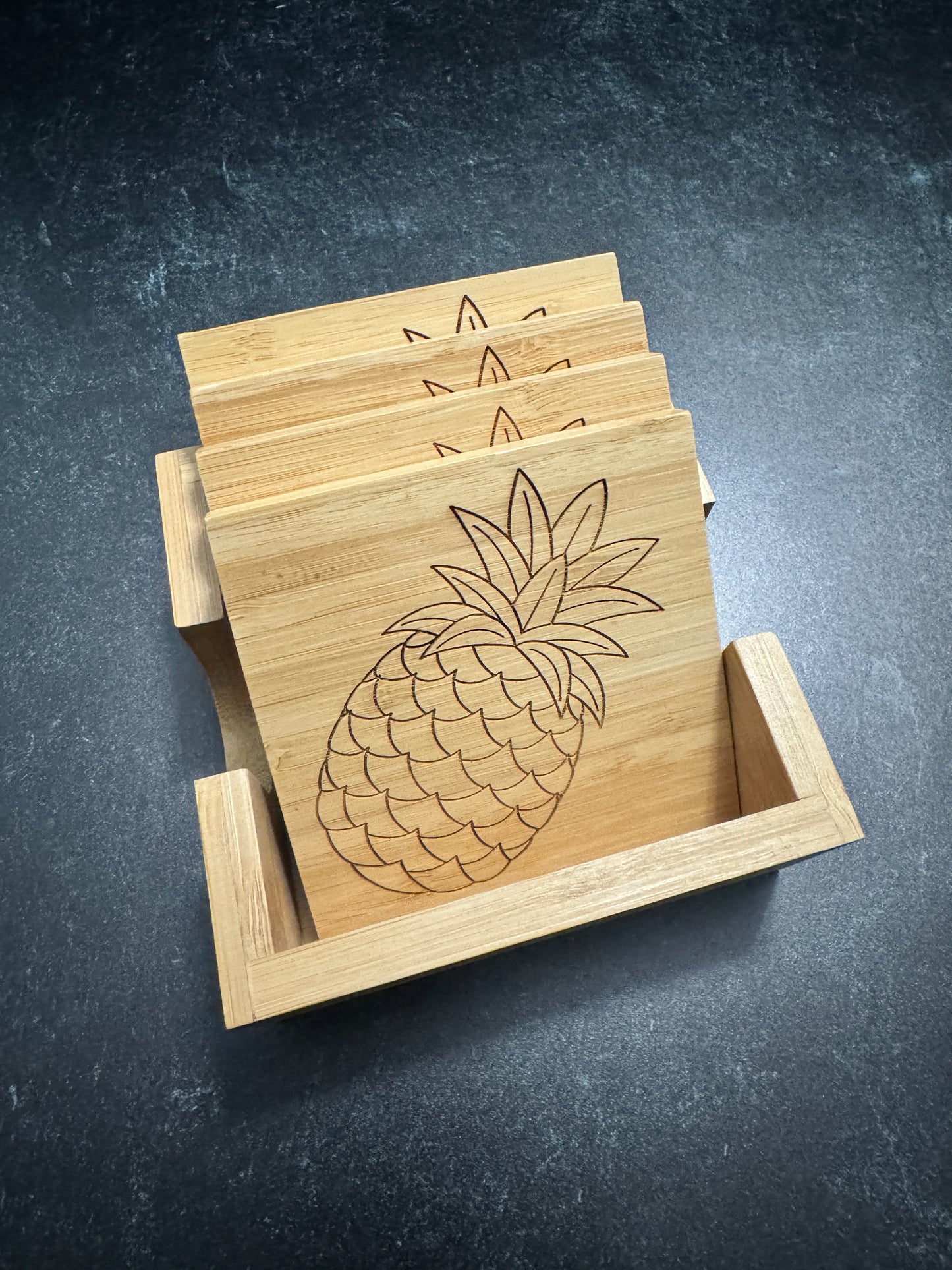 Set of 4 Bamboo Coaster Set | Pineapple | Laser Engraved, square, 3.75" x 3.75"