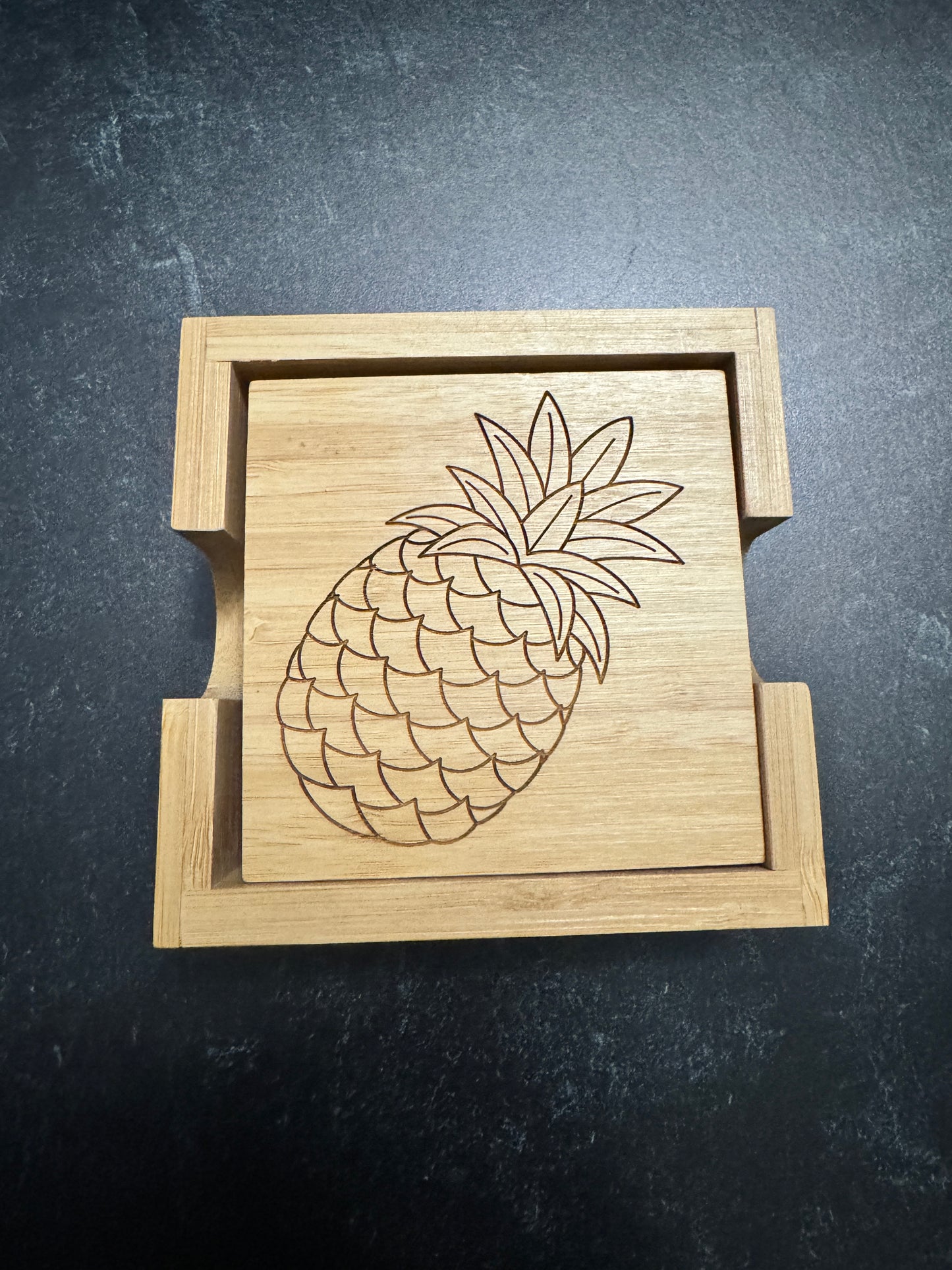 Set of 4 Bamboo Coaster Set | Pineapple | Laser Engraved, square, 3.75" x 3.75"