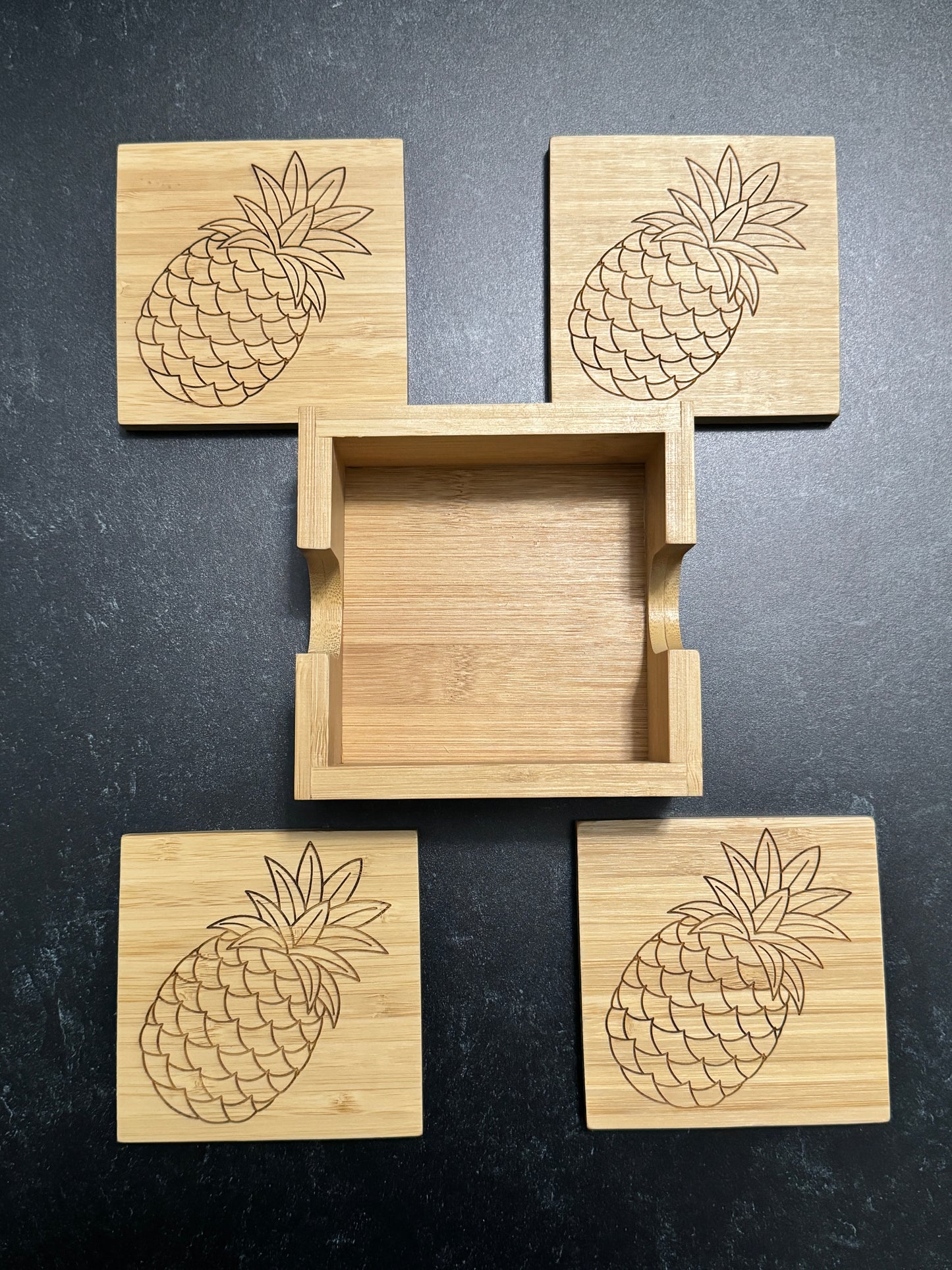 Set of 4 Bamboo Coaster Set | Pineapple | Laser Engraved, square, 3.75" x 3.75"