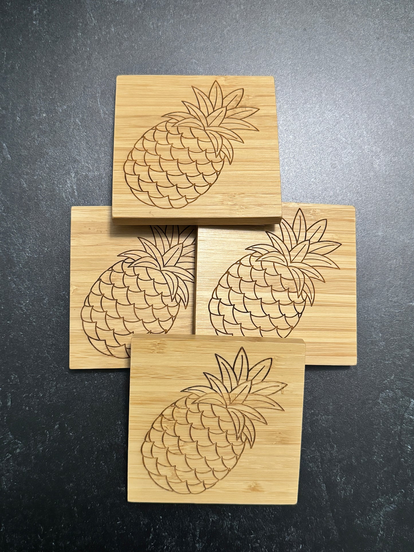 Set of 4 Bamboo Coaster Set | Pineapple | Laser Engraved, square, 3.75" x 3.75"