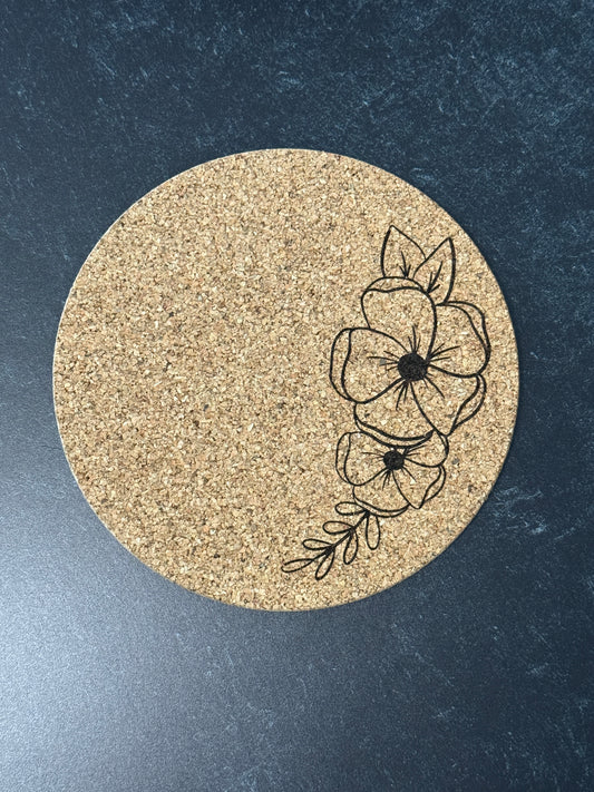 Laser Engraved - Cork Trivet - Plumeria Flower Strand - 7" Round