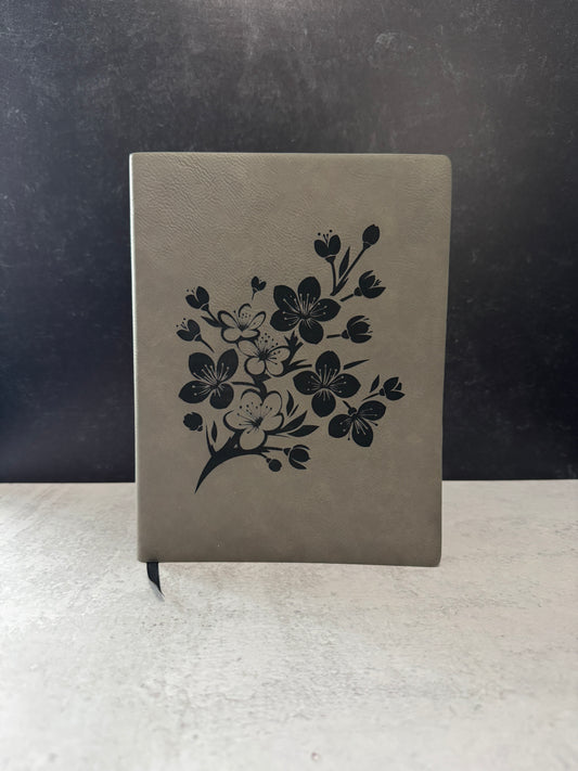 Grey Faux Leather Cover Notebook | laser engraved | Cherry Blossom | 7x9" 80 pages
