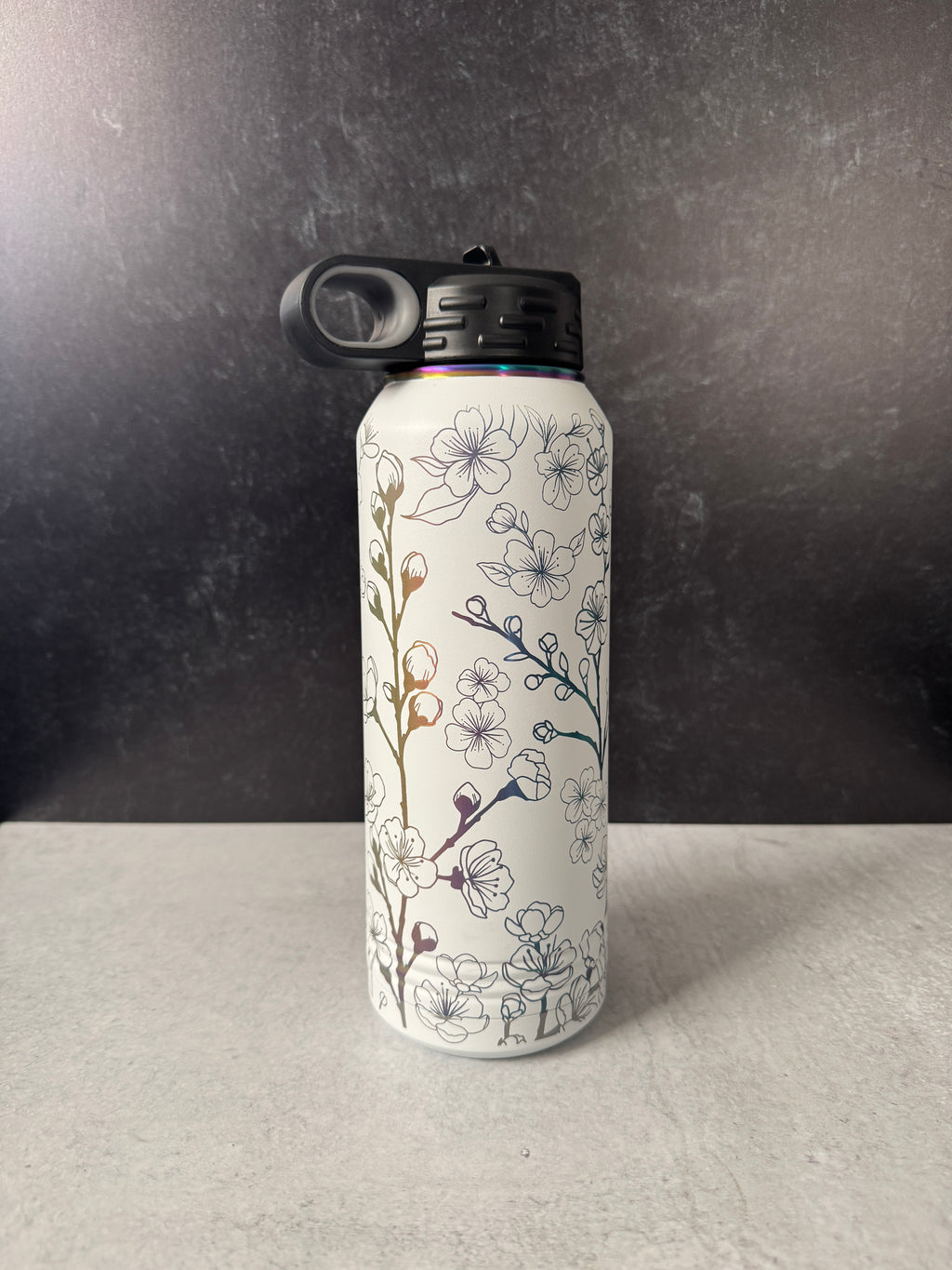 Cherry Blossom wrapped laser engraved 32oz Stainless Steel sport bottle || White/Prism finish || Polar Camel