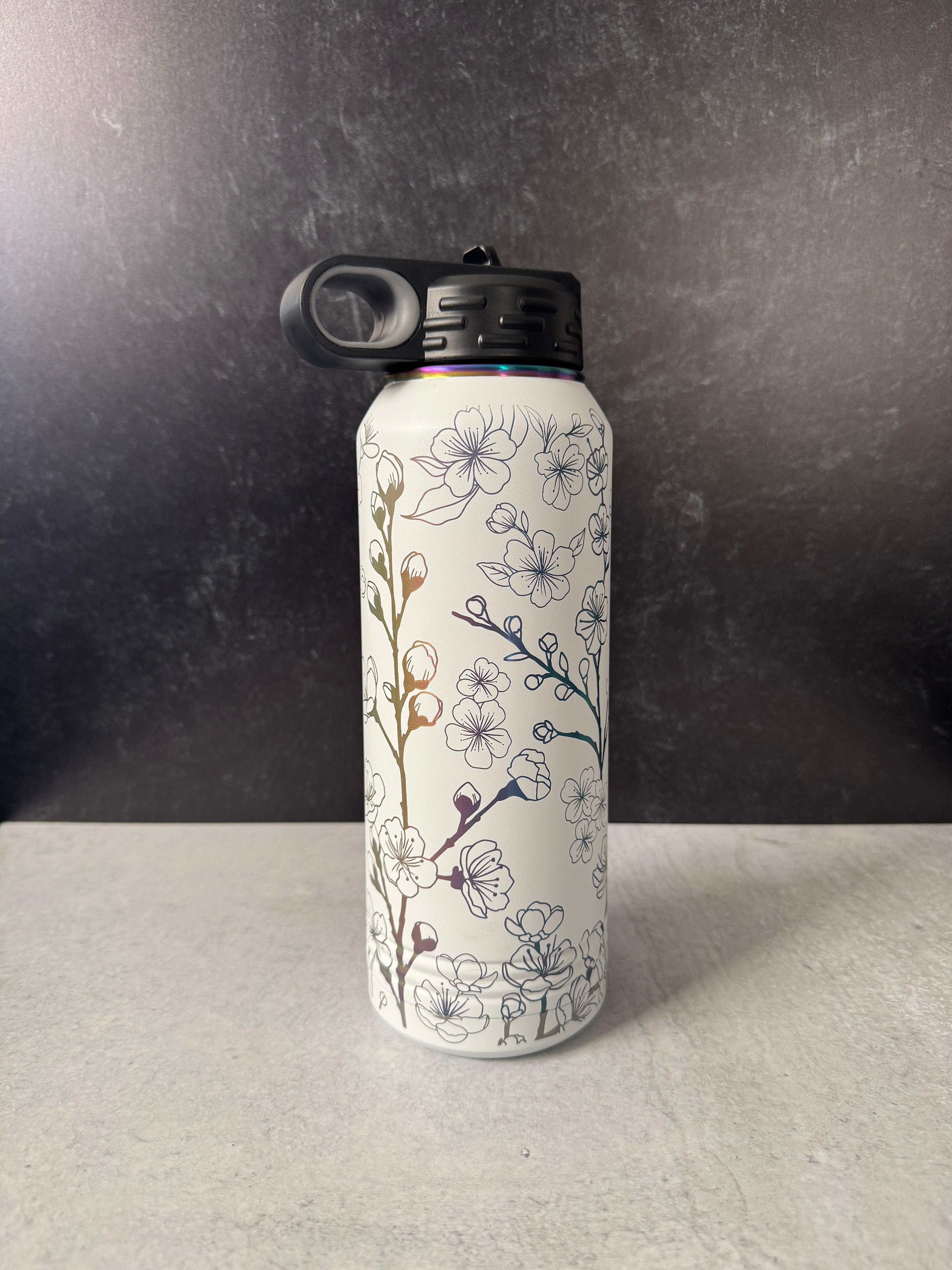 Cherry Blossom wrapped laser engraved 32oz Stainless Steel sport bottle || White/Prism finish || Polar Camel