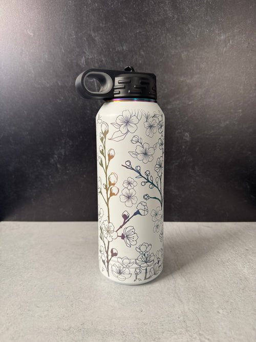 Cherry Blossom wrapped laser engraved 32oz Stainless Steel sport bottle || White/Prism finish || Polar Camel