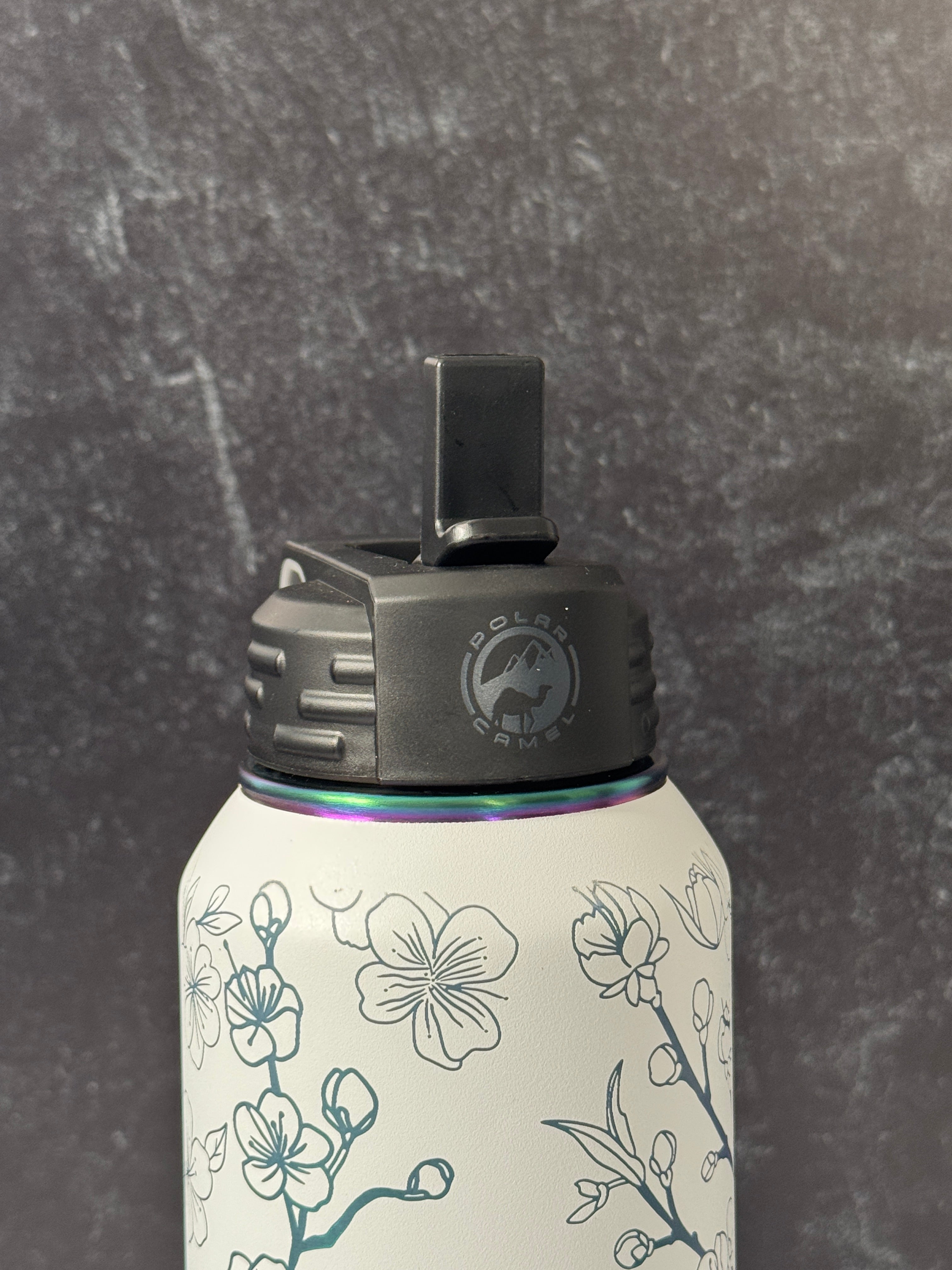 Cherry Blossom wrapped laser engraved 32oz Stainless Steel sport bottle || White/Prism finish || Polar Camel