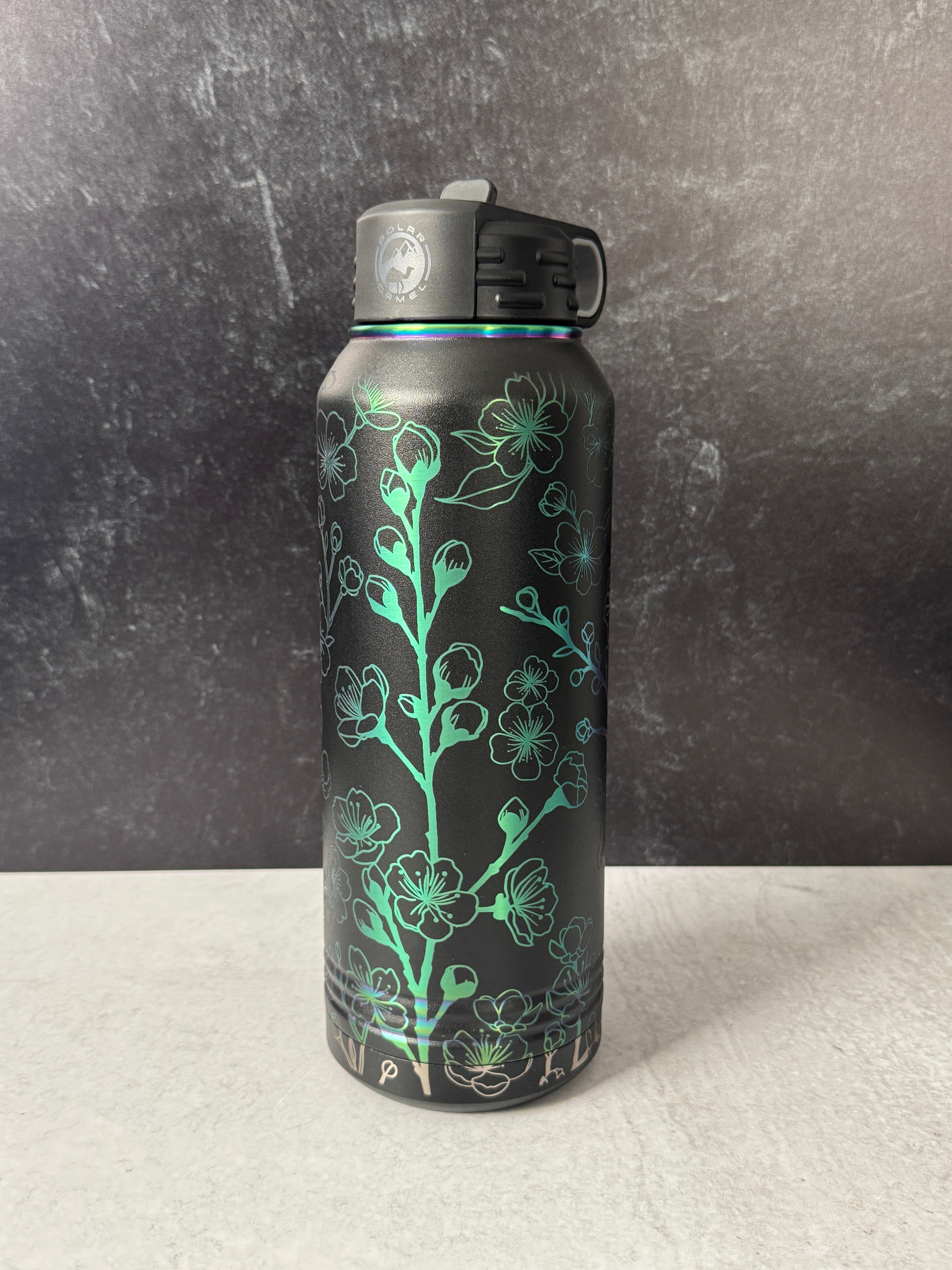 Cherry Blossom wrapped laser engraved 32oz Stainless Steel sport bottle || Black/Prism finish || Polar Camel