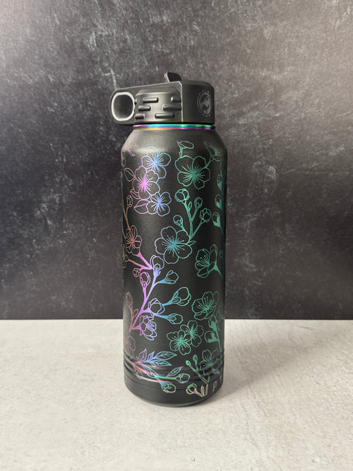 Cherry Blossom wrapped laser engraved 32oz Stainless Steel sport bottle || Black/Prism finish || Polar Camel