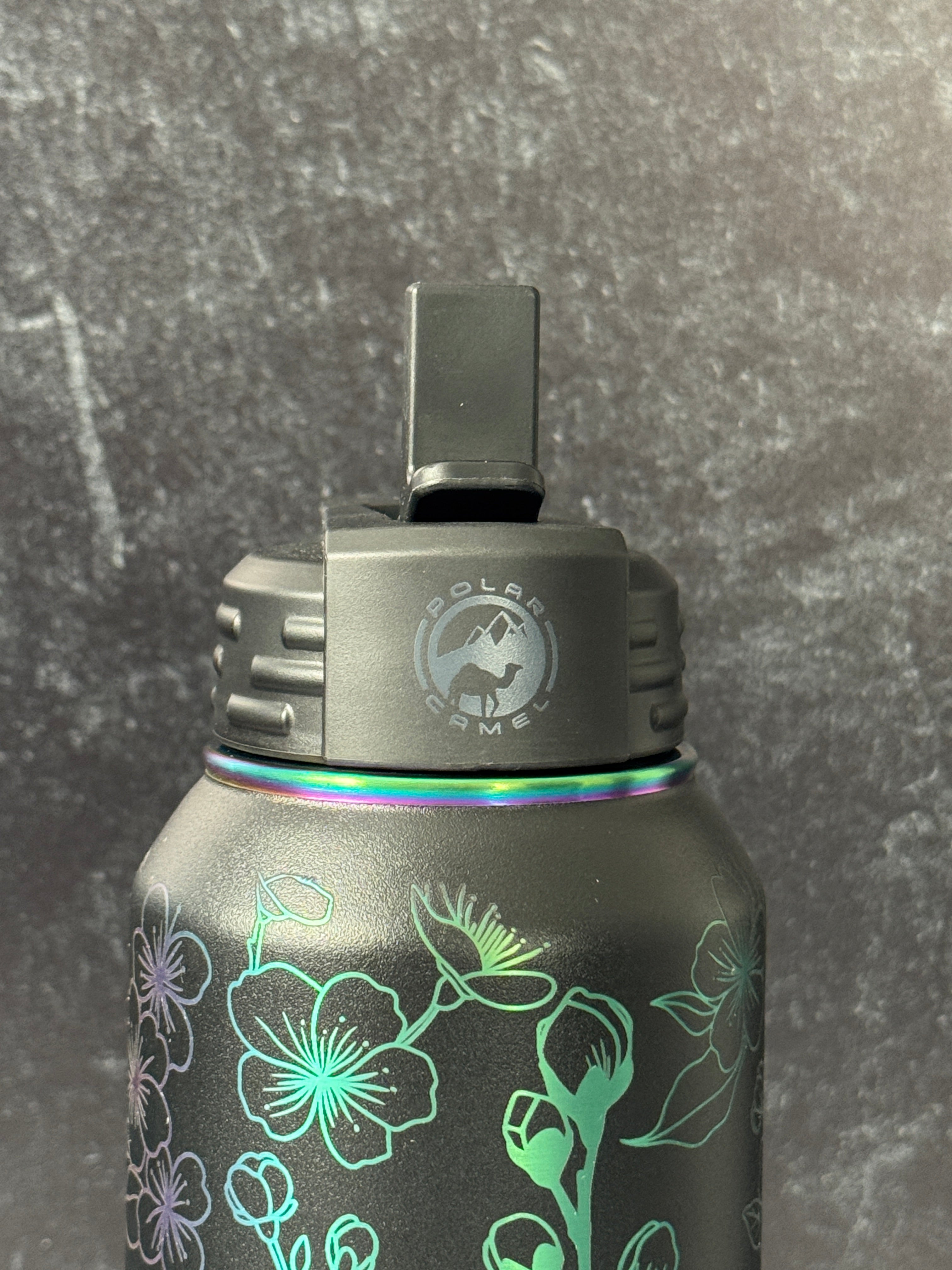 Cherry Blossom wrapped laser engraved 32oz Stainless Steel sport bottle || Black/Prism finish || Polar Camel