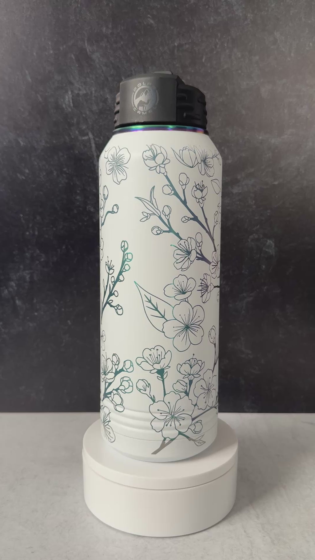Cherry Blossom wrapped laser engraved 32oz Stainless Steel sport bottle || White/Prism finish || Polar Camel