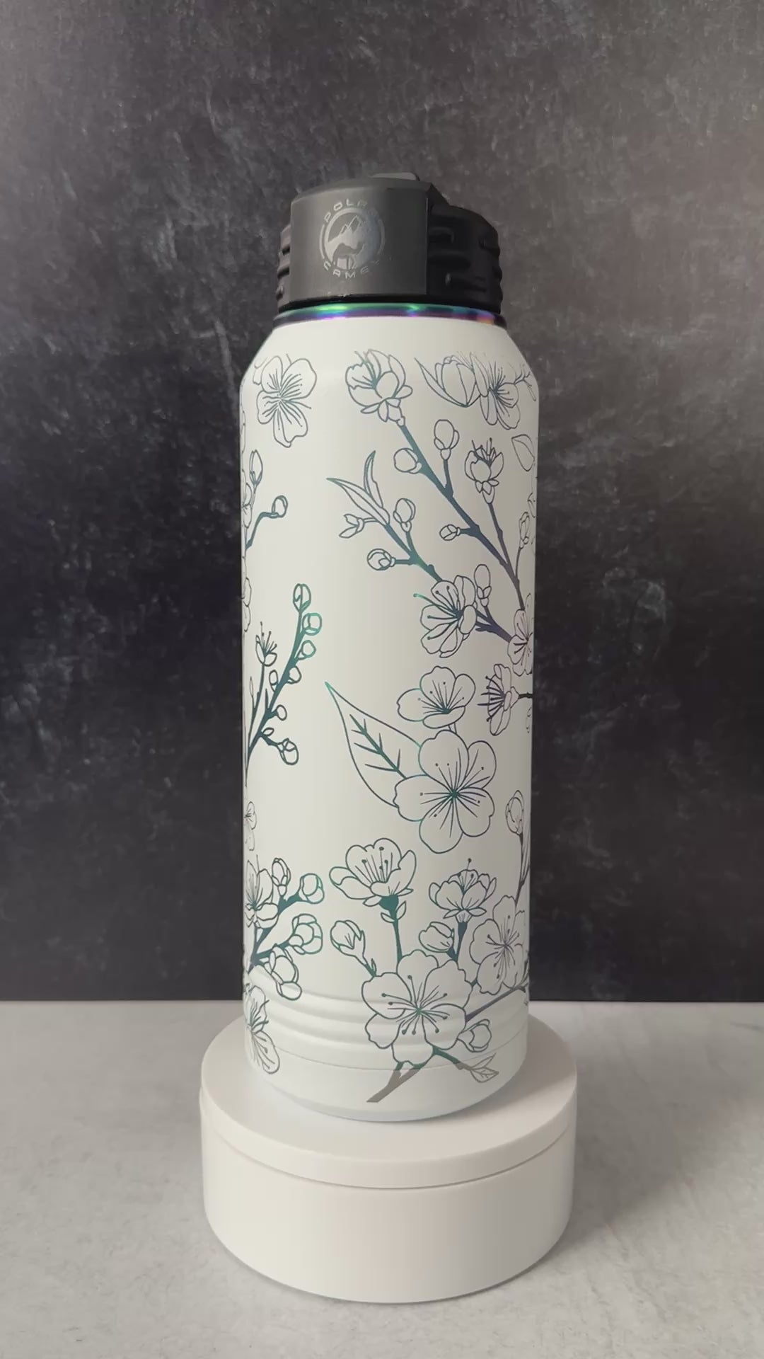 Cherry Blossom wrapped laser engraved 32oz Stainless Steel sport bottle || White/Prism finish || Polar Camel
