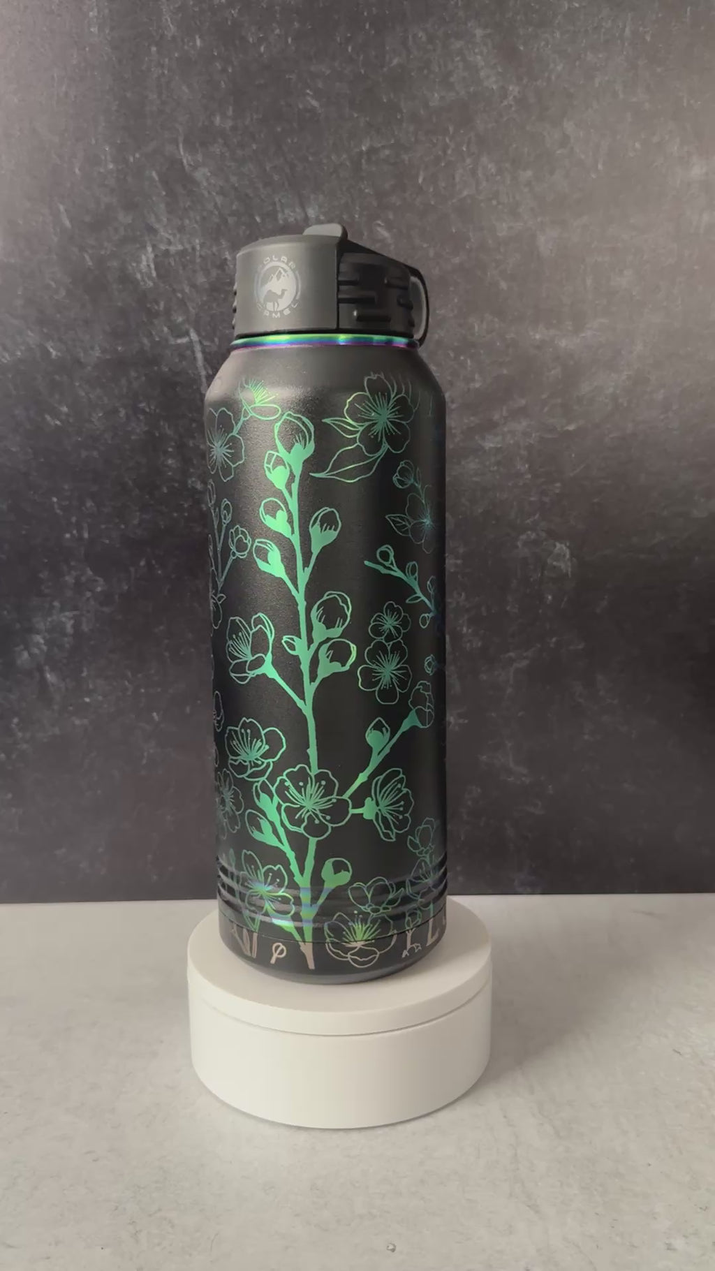 Cherry Blossom wrapped laser engraved 32oz Stainless Steel sport bottle || Black/Prism finish || Polar Camel
